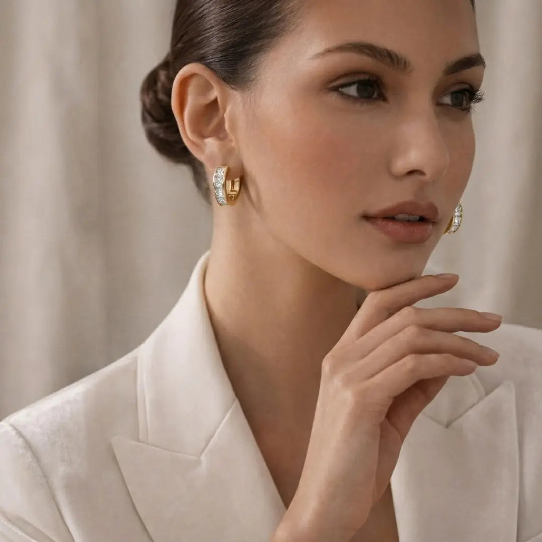 18K Gold Filled Princess-Cut CZ Channel Set Hoop Earrings – Wide Square Crystal Huggie Earrings for Women